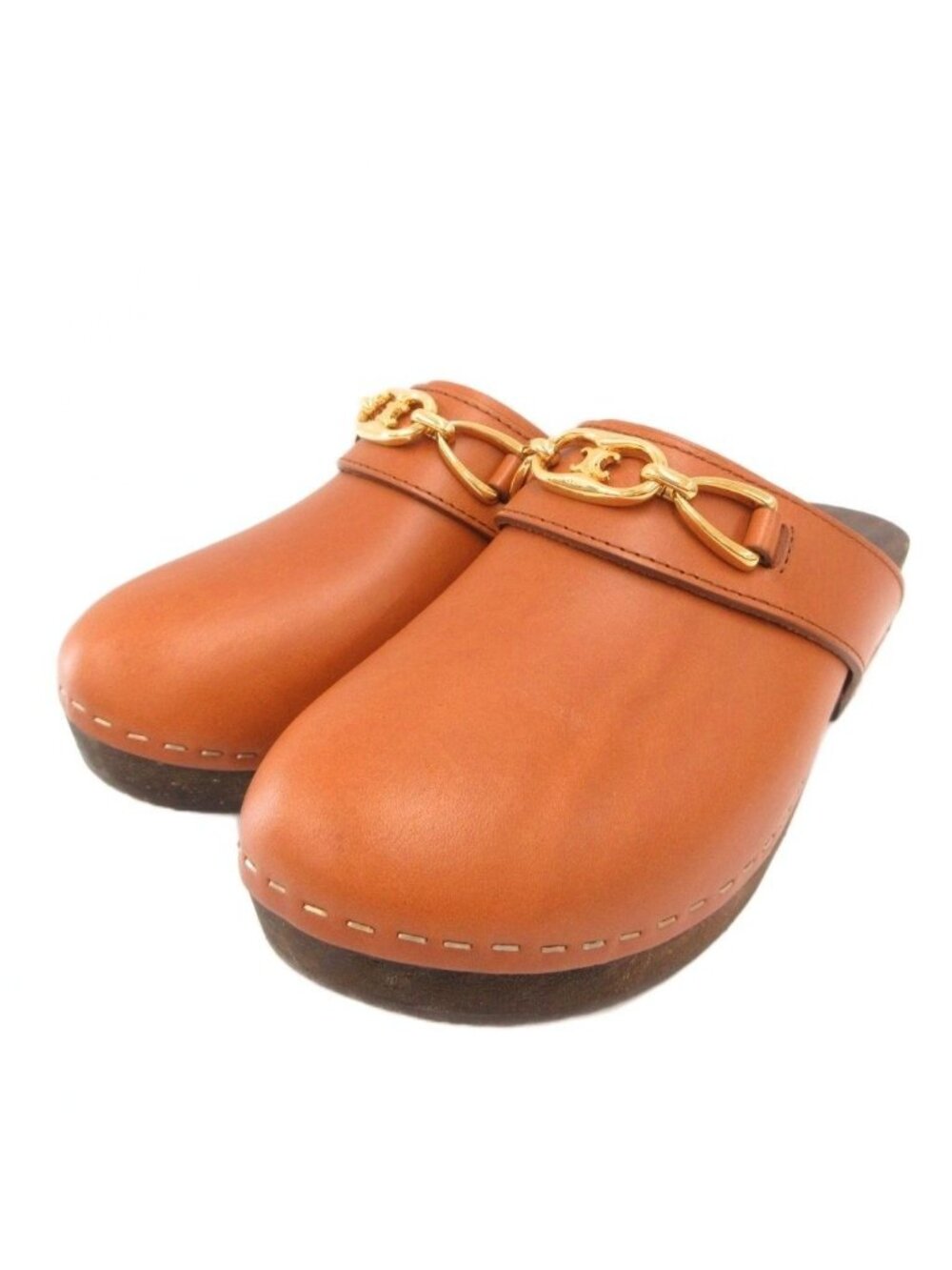 Celine les Bois Clog Sandals Shoes Chain Motif Brown Triomphe